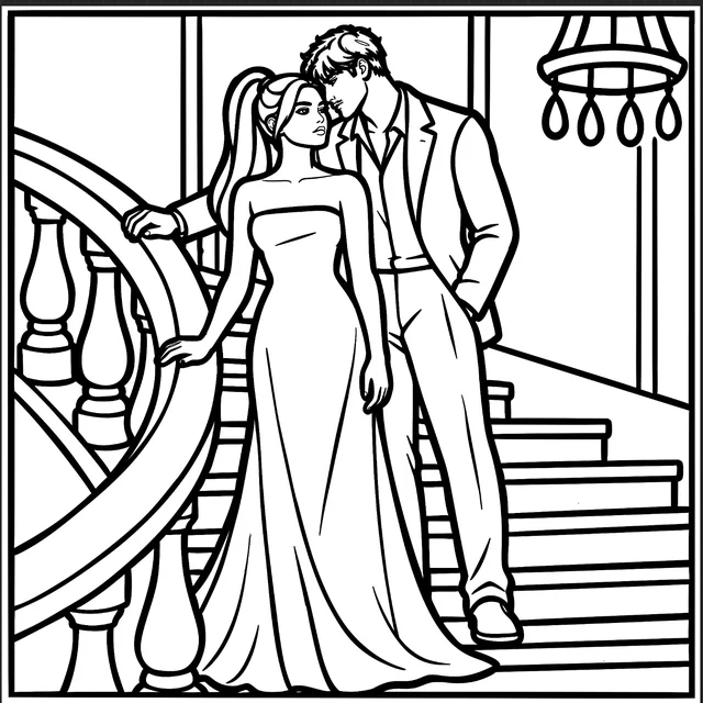 Page à colorier&nbsp;: une femme assise au comptoir d’un bar échange un regard avec un homme accoudé près d’elle.