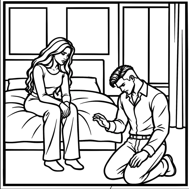 Dans une chambre, une femme assise sur le lit détourne le regard pendant qu’un homme s’agenouille devant elle.