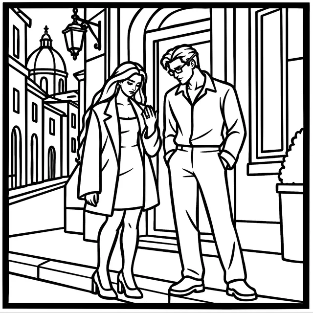 Dans une ruelle éclairée par un réverbère, une femme en manteau détourne les yeux, un homme à lunettes l’observe.